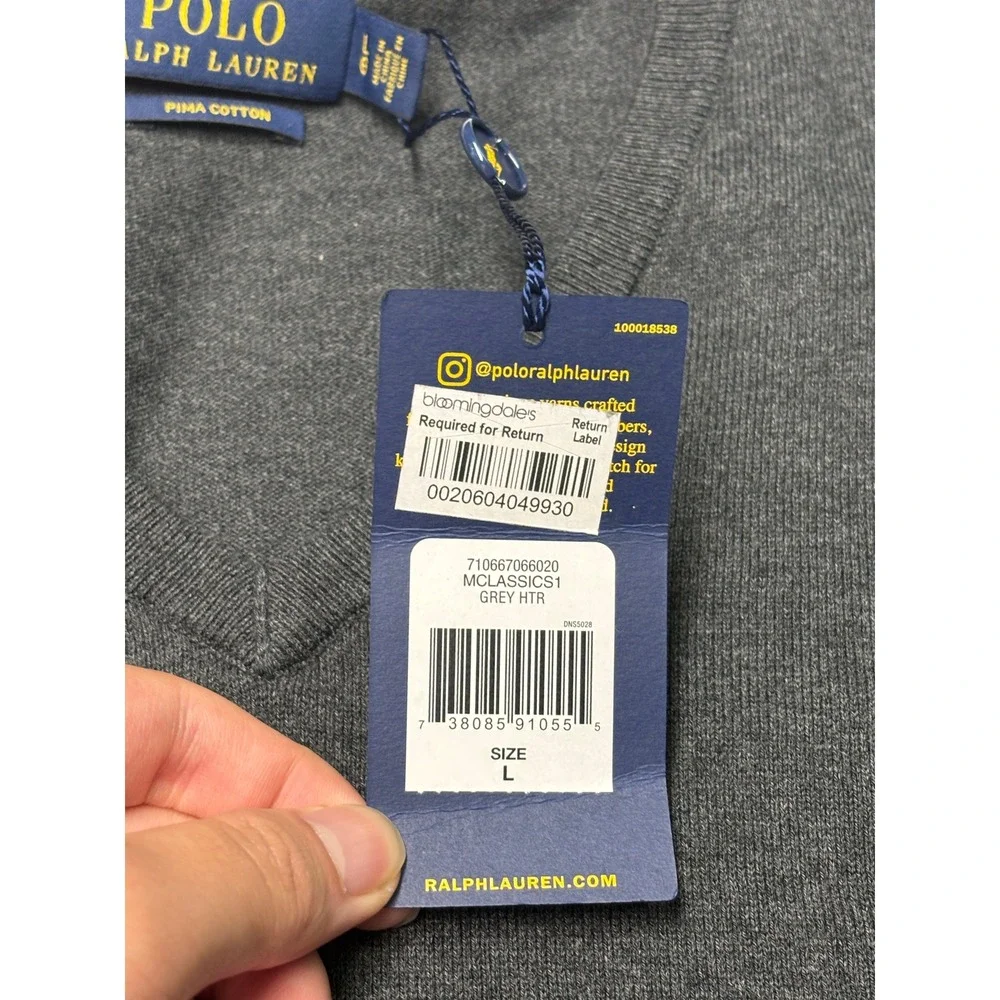 NWT Polo Ralph Lauren Mens‎ Pima Cotton V-Neck Sweater Grey Purple Pony Large